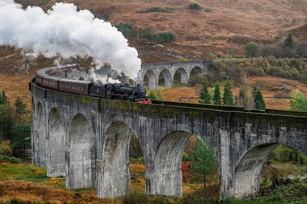 Jacobite steam train crossing Glenfinnan Viaduct